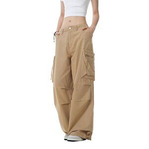 Womens Parachute Khaki/TAN Cargo Pants Y2K Baggy Wide Leg Casual Joggers XL NEW